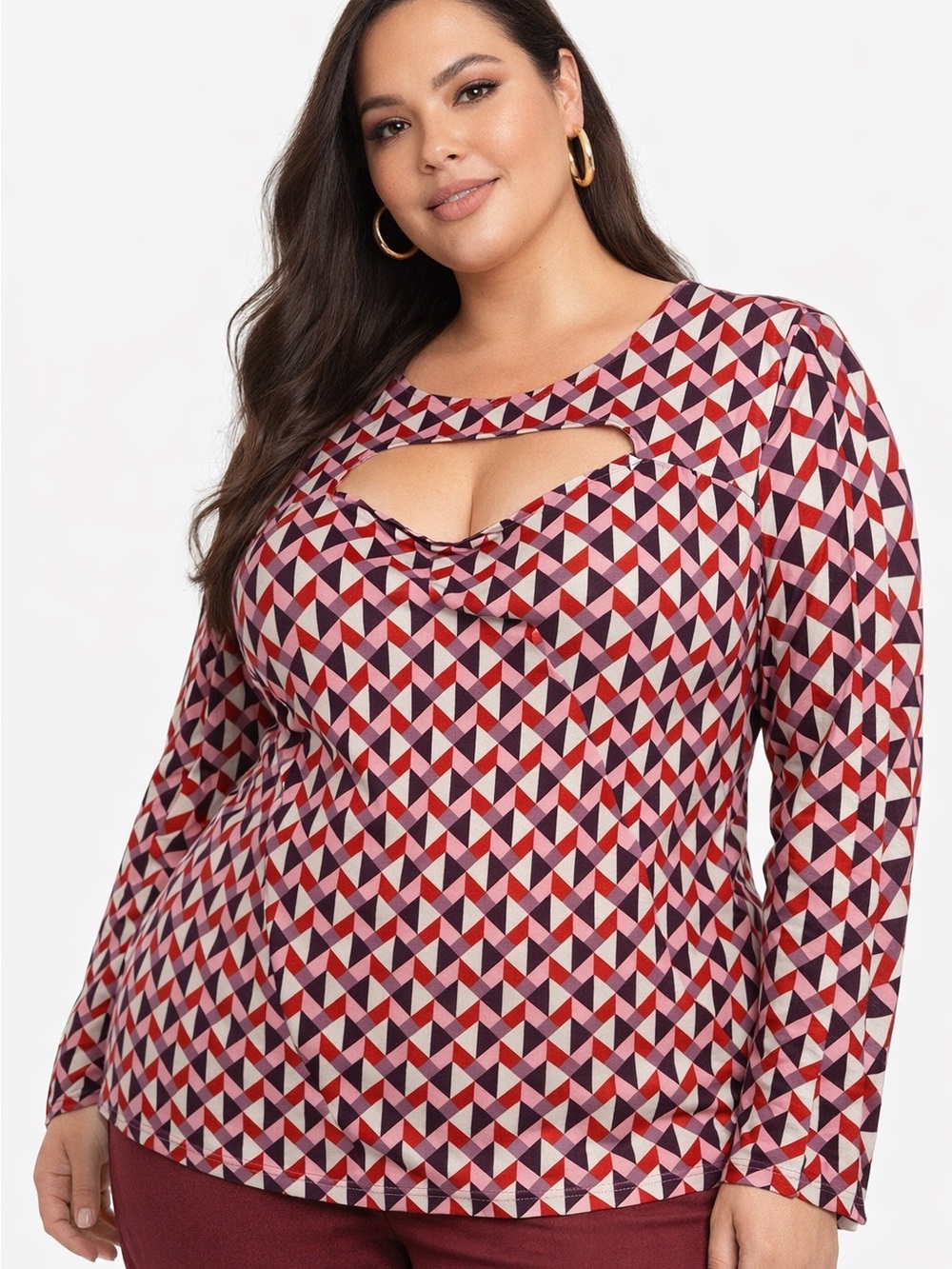 ELOQUII Geometric Cutout Long Sleeve Top Size 22/24 Sleeve Sheer Flattering bold - Picture 2 of 8